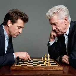 “David Byrne playing chess with David Lynch, realistic, high detail”
