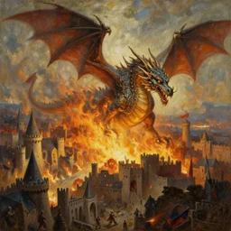 oil painting of a dragon that destroyes a medieval city with fire
