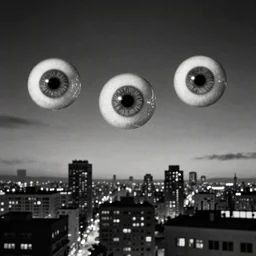 three realistic eyes floating in the sky over a city, high contrast, low key, black and white, vintage poster, film grain