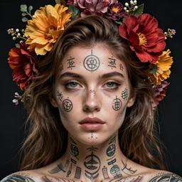 symmetrical portrait with skin tattooed esoteric symbols and vivid flowers intertwined in the hair, intricate, digital art