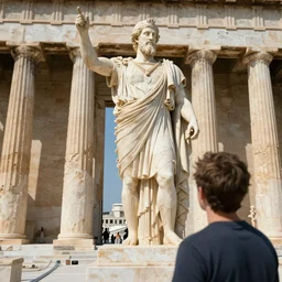 looking up at a colossal statue of an old king at the entrance of an ancient greek harbor, greg rutkowski, 8 k, shallow depth of field, intricate detail, concept art,