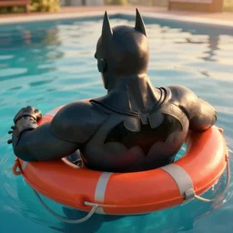 a close - up photo of batman, the photo was taken from behind, he is using a life preserver and relaxing, he is floating over a giant pool, golden hour, unreal engine 5, trending on artstation