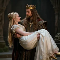 a king with long hairs holds an elven princess in his arms in alan lee and marc simonetti and emil melmoth style  , cinematic lighting