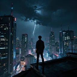 moody shot of the man standing on the roof, looking diem at impressive cyberpunk city at night during great storm, nightscape, futuristic architecture, realistic photo, neons, blade runner, akira style, cinematic lighting, cinematic angles, rules of third