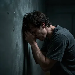 an asylum patient filled with pain and anguish, banging head against wall, dark, depressing, grim, atmospheric lighting, cinematic, unreal engine, by nicola samori