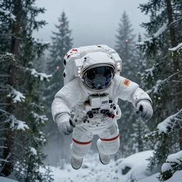 wide angle shot of space astronaut with white spacesuit flying in weightlessness inside canadian massive green pines snow forest, close - up helmet. small foggy and gloomy, red lights, bokeh background, highly detailed science fiction illustration. photorealistic, movie still