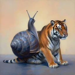 painting of hybrid between snail and tiger, intercrossed animal, by zdzislaw beksinski, by lewis jones, by mattias adolfsson, cold hue's, warm tone gradient background, concept art, beautiful composition, digital painting
