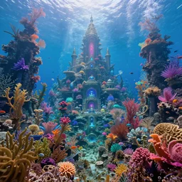 a photorealistic detailed image of a beautiful vibrant iridescent underwater seascape of full of colorful aquatic plants and hidden cities, no fish, spiritual science, divinity, utopian, by david a. hardy, hana yata, kinkade, lisa frank,