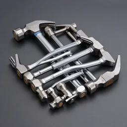 hammer multitool that consists of 9 hammer heads together on one rod, realistic