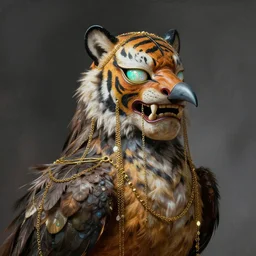 masterful fantastic realist painting an exotic ancient feathered and bejeweled bird wearing an exquisitely painted bugaku mask of a tiger, gold chains strung like tinsel, digital painting trending on artstation, viciously blinded, shimmering opal, volumetric lighting and mist, cosplay, 3 / 4 portrait painting, hyperrealistic, octane render