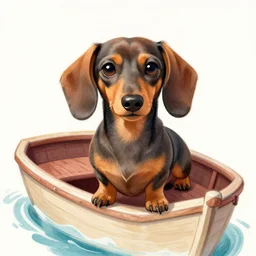 sketch of a cute dachshund on a boat, colored, very detailed, portrait