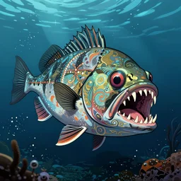 illustration of an angler fish, in the style of robert geronimo, deep sea, large mouth filled with pointed teeth, stylized linework, ornamentation, artistic, color