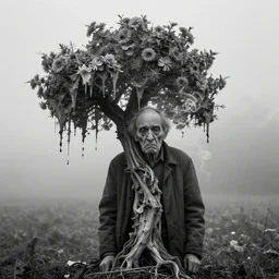 photographic portrait of wrinkly sad max ernst dried melting floral tree with spiraling cigarette smoke, in fog, medium long shot