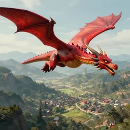 matte painting of a red dragon flying over a valley with small villages