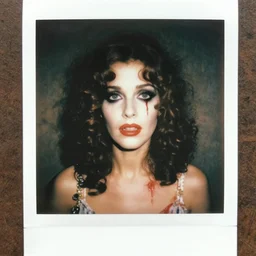 an instant photo of a beautiful but sinister woman in layers of fear, with haunted eyes and curly hair, 1 9 7 0 s, seventies, delicate embellishments, a little blood, crimson, painterly, offset printing technique, mary jane ansell