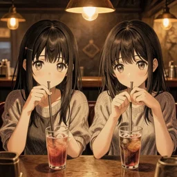 anime girls sitting and drinking in a cozy bar, volumetric lighting, symmetrical face, detailed eyes, hyper real, pencil art, moody lighting, cute, comfy, warm colors, intricate detail, detailed furniture