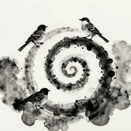 a spiral with three sparrows, representing liberty, ink, black watercolor