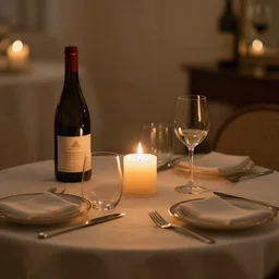 romantic candle - lit dinner on a luxury table with a wine bottle, soft light, warmly lit