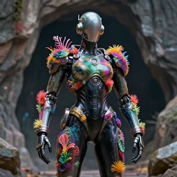 octane render portrait by wayne barlow and carlo crivelli and glenn fabry, focus on a giant retrofuturistic japanese android wearing a skintight smooth shiny black latex spacesuit with intricate iridescent metal detailing, covered in bright colorful tropical alien flora in front of a giant rocky cave opening, cinema 4 d, ray traced lighting, very short depth of field, bokeh