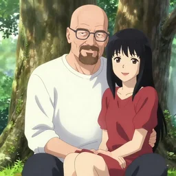 photorealistic bald walter white meets a beautiful smiling anime girl with black hair and hime cut sitting under a tree, anime key visual, digital art, anime screenshot, kyoto animation, makoto shinkai, trending on artstation
