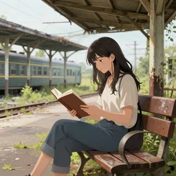 a beautiful girl sitting on a bench reading at an abandoned overgrown train station, old train station, establishing shot, ross draws, ross tran, eric - anthony johnson trending on artstation detailed anime illustration, detailed artwork