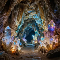 an 8K photograph of a glowing crystal cave. the entrance to the cave is in the middle of the photograph. the crystals are many different colors. Beautiful, Vray, Octane Render, photorealistic