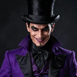 portrait, a slender ringmaster with tan skin, wearing purple and black ringmaster attire, nefarious smirk, black hair, black top hat, trickster, goatee, style by donato giancola, wayne reynolds, jeff easley dramatic light, high detail, cinematic lighting, artstation, dungeons and dragons