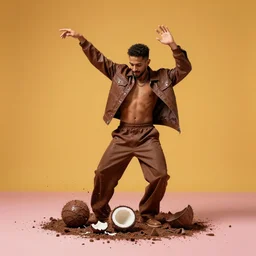 Chocolate-Coconut man spilling as he's dancing, vibrant, 4K photograph