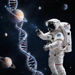 an anstronaut in space looking at a strand of dna made of stars and planets