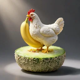 the yellow banana is also a white chicken standing on a green melon made of cake