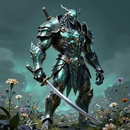 neo - gothic giant muscular humanoid chimera, exoskeleton armor, holding katana, standing in a field of flowers, highly detailed smooth concept art masterpiece, vitaly bulgarov giger dramatic dark teal light, ground angle hd 8 k, sharp focus