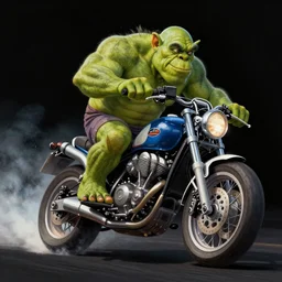 colorful airbrush artwork, motorcycle, stylized action shot of an orc biker riding a motorcycle, drifting, skidding, wheelie, clear focused details, soft airbrushed artwork, black background, cgsociety, artstation
