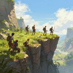 dnd adventurers hiding on a cliff, sunny, fantasy art, concept art, digital art, epic, 4 k