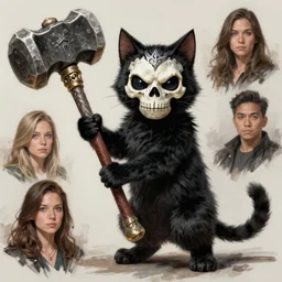 black cat with skull mask makeup holding a giant hammer, d & d, fantasy, highly detailed, digital painting, trending on artstation, concept art, sharp focus, illustration, global illumination, shaded, art by artgerm and greg rutkowski and fuji choko and viktoria gavrilenko and hoang lap