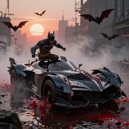 The Batman Who Laughs and His Psycho Batmobile, In A Dimly Lit Misty Sewer, water with red fluids, bats, sunset, volumetric lighting, hyperrealistic, beautiful details, HDR, octane render, action shot, highly detailed, soft lighting, wide angle, bokeh, Yasushi Niarasawa Moebius HR Giger Style