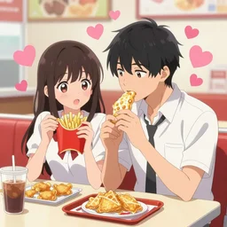 a girl and her boyfriend eating a fast food restaurant, there are pink hearts around their heads, an anime drawing by Jin Homura, featured on pixiv, neo-romanticism, anime, pixiv, deviantart hd