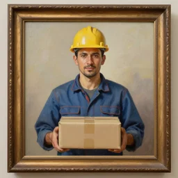 an potrait of man with construction hat holding a package, the picture inside a photo frame, oil painting, 4K