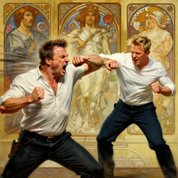 guy fieri enraged, fighting gordon ramsay, punching, motion lines, action lines, painting by'phil hale '!!! gaston bussiere, craig mullins, greg rutkowski, alphonse mucha,