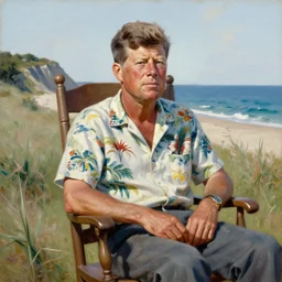 portrait of john f kennedy, wrinkled, grey hair sitting on rocking chair, landscape of nantucket beach, dunes, ocean, bluff, handsome, hawaiian shirt, oil on canvas by william sidney mount - 1 9 8 2, trending on artstation