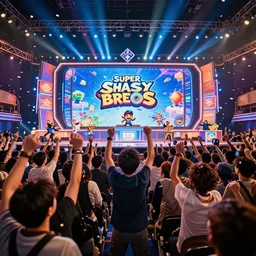 Wide Photo of a video game tournament, truss lighting, epic moment with celebrating player, Super Smash Brothers Ultimate, ultra high resolution, photo realistic, depth of field, award winning, confetti, cinematic, color graded