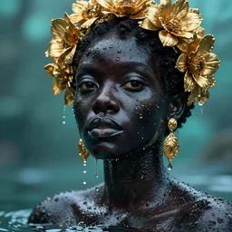 hyperrealistic postrococo cinematic very expressive! black oshun goddess, open eyes, in water up to her shoulders, mirror dripping droplet!, gold flowers, highly detailed face, digital art masterpiece, smooth eric zener cam de leon dramatic pearlescent teal light, ground angle uhd 8 k, sharp focus