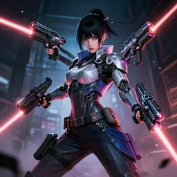 cool cyberpunk cyborg samurai girl, battle pose, laser guns, extremely beautiful, detailed portrait, intricate light complexity, concept art by krenz cushart, kyoto animation, wlop. 4 k, beautiful, cinematic dramatic atmosphere, sharp focus, perfect lightning