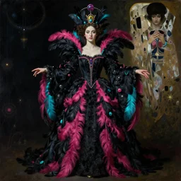 highly detailed oil painting | very intricate | cinematic lighting | black, magenta and turquoise color scheme, dark background | the queen of heaven by jake hicks, dressed in feathers | by roberto ferri, by gustav moreau, by singer sargent and klimt, american romanticism, occult art | by austin osman spare, artstation, cgsociety, official art, octane