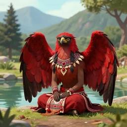 Harpy, red feathered wings, wearing Inka clothes, sad expression, sitting at a pond, mountainous area, trees in the background, digital art