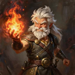 beautiful portrait painting of a very short and small male halfing bard with white hair, full beard, from pathfinder, evil smirk, narcissist, self centered, casting fireball, painted by larry elmore, wayne reynolds, greg rutkowski, magic the gathering, dungeons and dragons, dishonored 2
