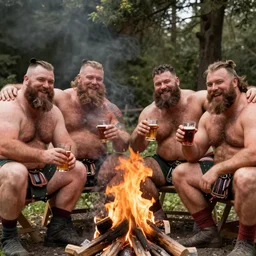 Picture of four shirtless happy scottish strongmen with thick beards and thick body hair sitting around a campfire and drinking together, occasionally giving each other a pat on the back or a hug