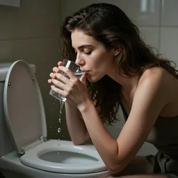 photo of a woman drinking water from a toilet