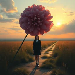 giant carnation flower head, girl in a suit, on a path, surreal photography, sunrise, dramatic light, impressionist painting, digital painting, artstation, simon stalenhag