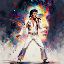 elvis presley performing in a jumpsuit, art by alessandro pautasso, rainbow abstract face, fractal, paint splash, full body, beautiful