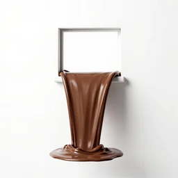 a liquid chocolate waterfall coming out from a window floating over a white background